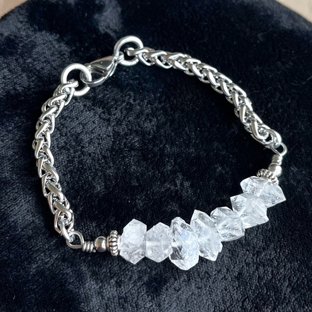 ✨ 7 big genuine herkimers diamonds stainless steel wheat chain crystal bracelet - Picture 2 of 14